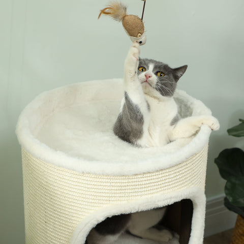 Rootz Three-Story Cat Tree - Cat Tower - Cat Climber - Enhances Home Décor - 80cm High x Ø40cm - White & Brown