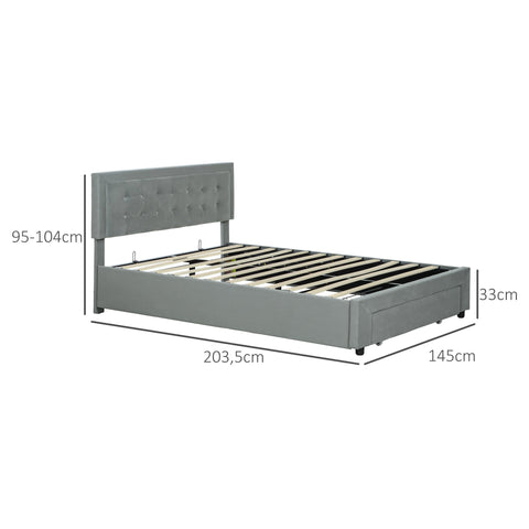 Rootz Double Bed Frame - Velvet Upholstered Bed - Adjustable Headboard - Storage Drawer - Hydraulic Slats - 145cm x 203.5cm x 95-104cm