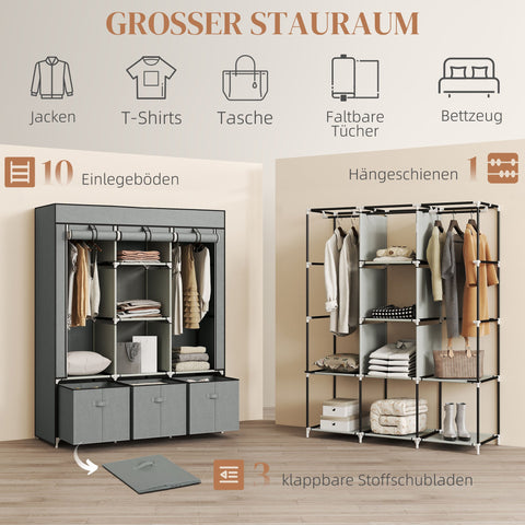 Rootz Fabric Wardrobe - Folding Cabinet - Space-saving Storage - Keeps Clothes Dust-Free - Grey - 125cm x 43cm x 162.5cm