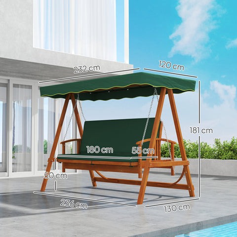 Rootz Hollywood Swing with Sunroof - Real Wood Garden Swing - 3-Seater Lounger - Durable Comfort - 236cm x 130cm x 181cm - Green