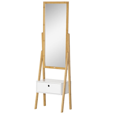 Rootz Freestanding Mirror with Drawer - Dressing Mirror - Storage Mirror - Bamboo MDF - 45L x 30W x 160H cm