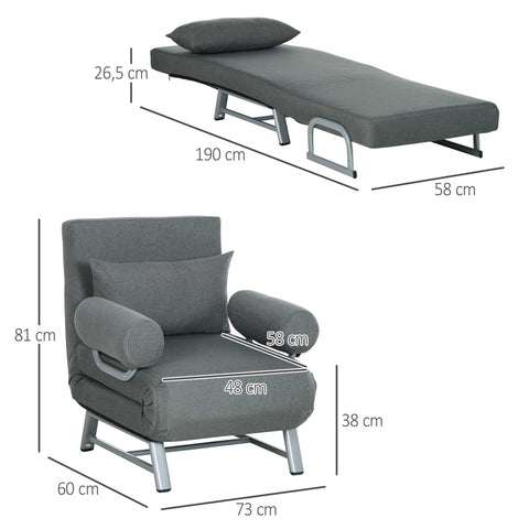 Rootz Armchair Sofa Bed - Lying Chair - Foldable Chair - Maximum Comfort - Grey - 73x60x81cm