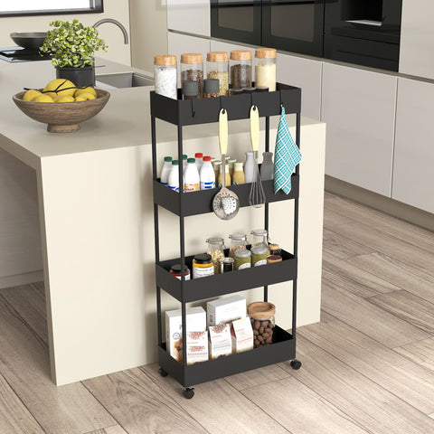 Rootz Black Kitchen Cart - Niche Car - Mobile Trolley - Space-Saving Storage - 40cm x 19cm x 90cm with Hooks & Wheels