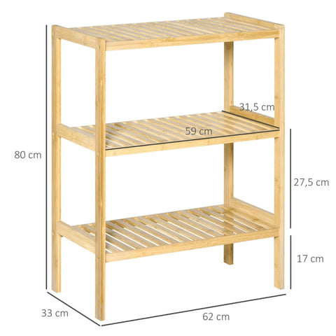 Rootz Bamboo Bathroom Shelf - Standing Rack - Organizing Shelf - Natural Bamboo - 62cm x 33cm x 80cm - 3 Shelves - Minimalist Design