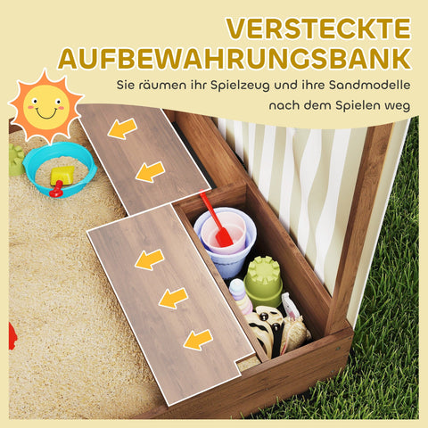 Rootz Sandpit with Canopy - Kids Play Sandbox - Childrens Play Sandpit - Benches & Storage - Protects from Sun & Mosquitoes - Brown - 142cm x 101.5cm x 131cm