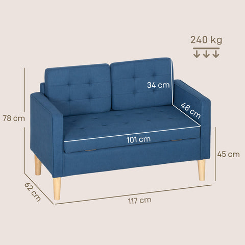 Rootz Two-Seater Sofa - Loveseat - Couch - Storage Bench - Space-Saving, Soft Velvet Comfort - 117x62x78cm - Blue