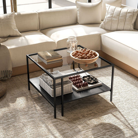 Rootz Square Coffee Table - Minimalist Glass Table - Modern Living Room Table - Storage Shelf - 73cm x 73cm x 46.5cm