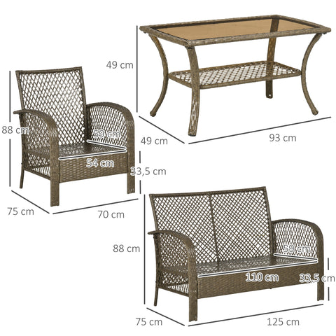 Rootz 4-Part Colonial Garden Sofa Set - Outdoor Furniture - Rattan Imitation - UV Resistant - 125x75x88cm Sofa, 70x75x88cm Armchair, 93x49x49cm Table