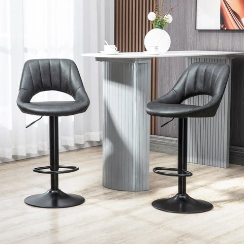 Rootz Bar Stools - Set of 2 - Leather Look - Height Adjustable Footrest - Metal Frame - Faux Leather - Gray - 44 x 49 x 90-110 cm
