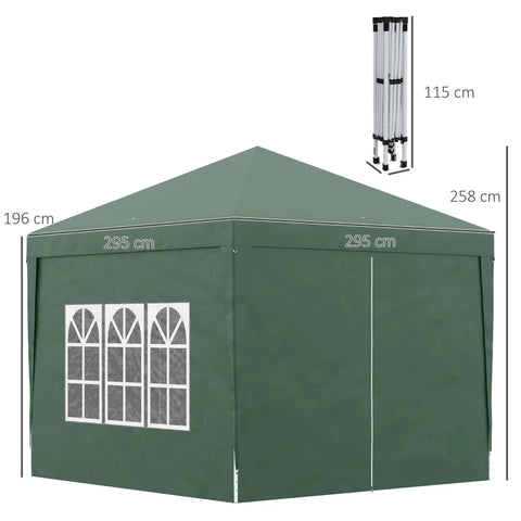 Rootz Camping Gazebo - Wedding Party - Canopy Tent Marquee - Pop Up Gazebo - Carry Bag - Windows - Steel Frame - Green - 2.95 x 2.95 m x 2.58m