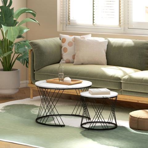 Rootz 2 Piece Set Couch Tables - Round Coffee Table - Marble Look Living Room Tables - Space Saving - Ø70 x 46.5cm & Ø44 x 39cm