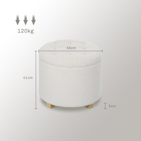 Rootz Sitting Stool with Storage Space - Ottoman - Storage Box - 40.5L Hidden Storage - Ø45 x 41H cm - White - Wooden Legs