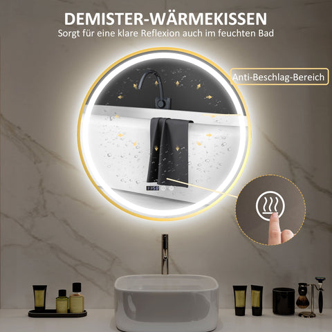 Rootz Round LED Bathroom Mirror - Anti-Fog Mirror - Touch Control Mirror - Adjustable Brightness - Ø60 x 3.5cm