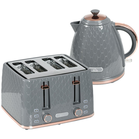 Rootz Kitchen Set - Toaster & Kettle Combo - Breakfast Appliances - Grey - 1.7L Quick Cook - 24.2x19.5x23.4cm Kettle, 27.6x18.9cm Toaster