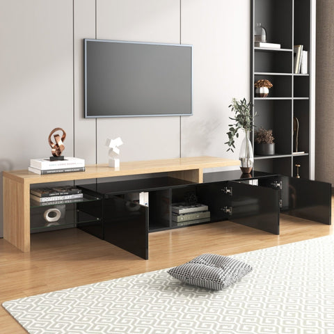 Rootz Elegant TV Cabinet - High Gloss Black - Wood Look - Glass Shelves - LED Lighting - 197.5L x 39W x 42H cm