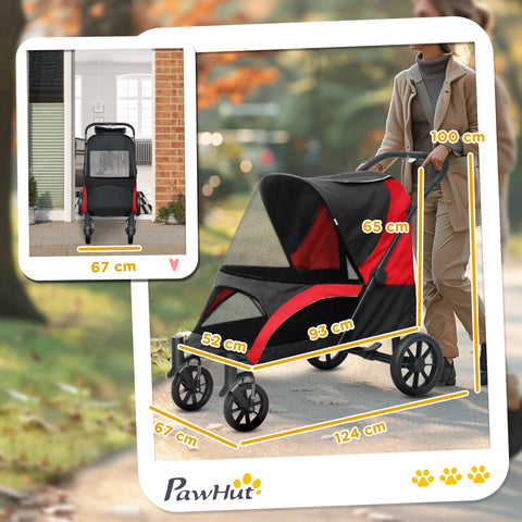 Rootz Foldable Dog Car - Dog Buggy - Pet Stroller - Comfort Rides - 124cm x 67cm x 100cm - Black, Red
