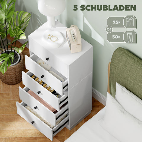 Rootz Chest of Drawers - Sideboard - Storage Cabinet - Modern Elegance in White - Wooden Material - 5 Drawers - 47 x 29 x 95 cm