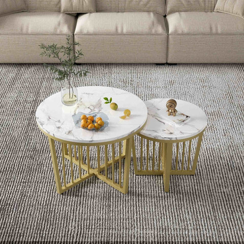 Rootz Nesting Coffee Table Set - High Gloss Tables - Marble Look - Luxurious Design - 70x70x50cm & 50x50x45cm - Gold-Plated Durability