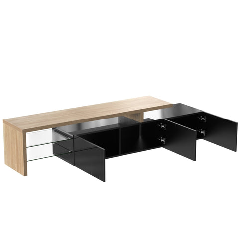 Rootz Elegant TV Cabinet - High Gloss Black - Wood Look - Glass Shelves - LED Lighting - 197.5L x 39W x 42H cm