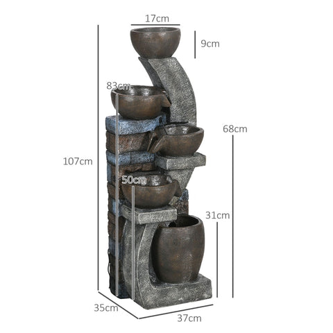 Rootz Garden Fountain - Brick Look - 5-Tier Cascade - Solar Powered - LED Lights - 107cm - Weatherproof Resin - Grey/Brown