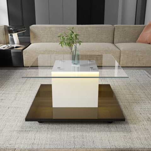 Rootz Modern Coffee Table - High-Gloss Surface - LED Light - Adjustable & Mobile - 80cm x 80cm x 40cm
