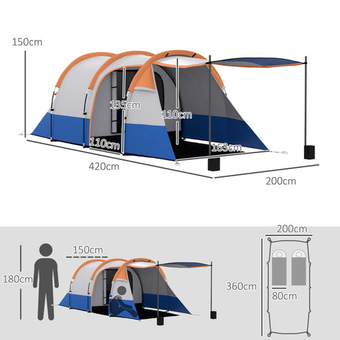 Rootz Camping Tent - Outdoor Shelter - Waterproof Tent - Lantern Hooks - Fits 3 People - 420cm x 200cm x 150cm - Orange