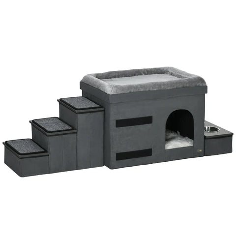Rootz Cat House - Cat Cave - Cat Bed - 3 Pet Stairs - 2 Food Bowls - Chipboard - Polyester - Gray - 70 x 50 x 51 cm
