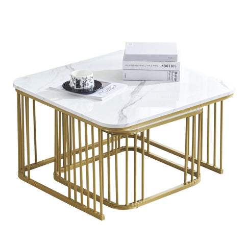 Rootz 2 Piece High Gloss Marble Look Coffee Tables - Nesting Tables - Modern Living Room Tables - Scratch Resistant - 70x70x45cm & 50x50x36.5cm