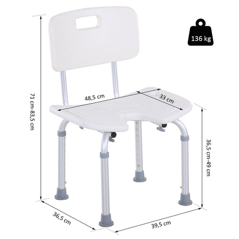 Rootz Shower Chair with Backrest - Bath Seat - Non-Slip Chair - 8 Level Adjustable Height - 39.5 x 36.5 x 71-83.5 cm Aluminum Alloy