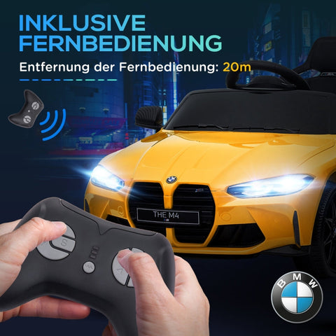 Rootz BMW M4 Electric Car for Kids - Ride On Toy - Battery Powered - 12V - 3-5km/h - Licensed - Remote Control - Working Lights - Music - Yellow - 108L x 69.5W x 51H cm