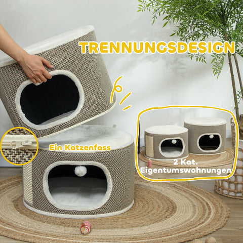 Rootz 3 Tier Cat Barrel with Cushion - Cat House - Cat Tower - Enhance Comfort - Ø51cm x 69cm, Brown- White