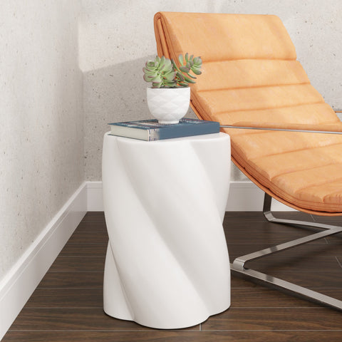 Rootz Ceramic Stool - Garden Stool - Weatherproof Seat - Resilient & Versatile - Ø33 x 45 cm - 120kg Capacity - White Spiral Design