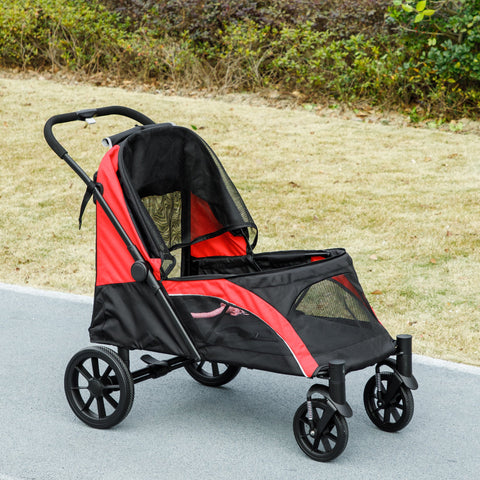 Rootz Foldable Dog Car - Dog Buggy - Pet Stroller - Comfort Rides - 124cm x 67cm x 100cm - Black, Red