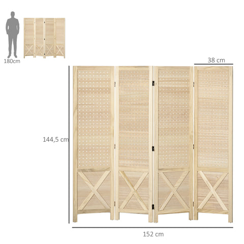 Rootz 4 Panel Wood Paravent - Room Divider - Foldable Partition - Privacy Solution - 152cm x 1.7cm x 144.5cm Brown