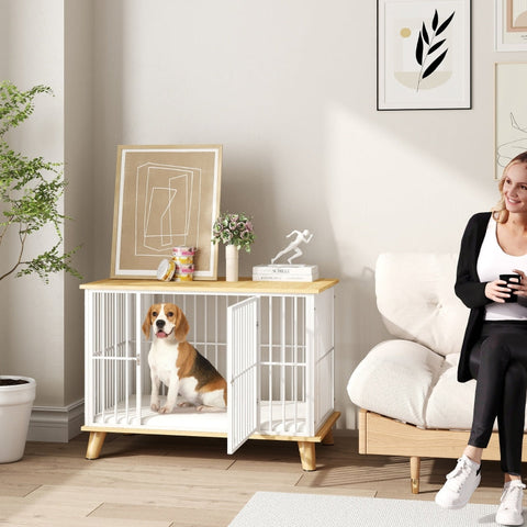 Rootz Dog Crate - Pet House - Wooden Kennel - Cushioned Bed - Medium Sized Dogs - Steel Construction - 86cm x 60cm x 70cm