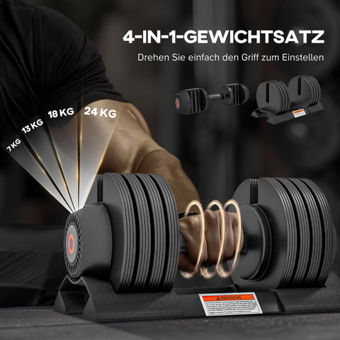 Rootz Adjustable Single Dumbbell - Free Weights - Strength Trainer - Non-Slip Handle - 7/13/18/24kg Black - Space-Saving - 37x18x18cm