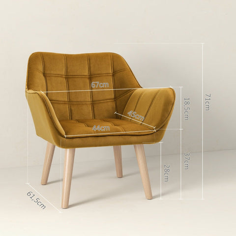 Rootz Velvet Lounge Chair - Scandi Style Accent Chair - Comfortably Padded - Rubberwood Legs - Metal Frame - Yellow - 67cm x 61.5cm x 71cm
