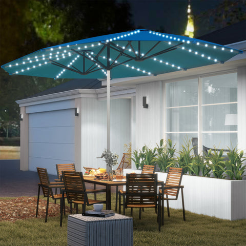 Rootz Double Umbrella - Terrace Sunshade - Blue Parasol - Solar Lights, UV-Resistant, UPF50+ Protection - 451cm x 267cm x 249cm