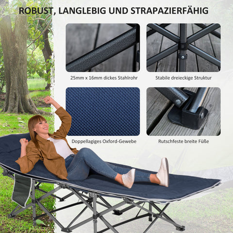 Rootz Foldable Camping Bed - Field Bed - Portable Resting Solution - Includes Pillow - 188 x 64.5 x 53 cm, Blue, Holds Up to 150 kg