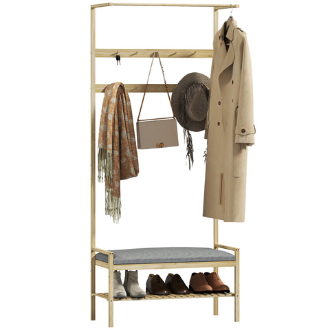 Rootz Wardrobe with Shoe Bench - Clothes Rail - Hall Tree - Bamboo Storage - 73.5cm x 34cm x 171cm