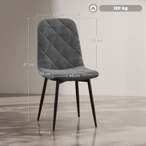 Rootz Grey Velvet Dining Chairs Set - Upholstered Kitchen Chairs - Metal Legs - Comfortable Backrest - 45cm x 54cm x 87cm