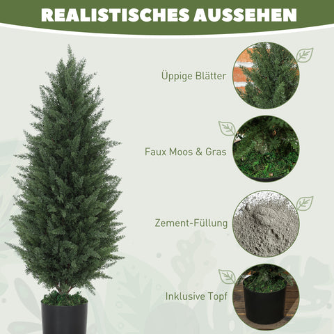 Rootz 2 Set Artificial Cypress Trees - Art Trees - Faux Plants - UV-Resistant - Cement Pot - 90cm Green - 831 Leaves, Ø33 x 90H cm