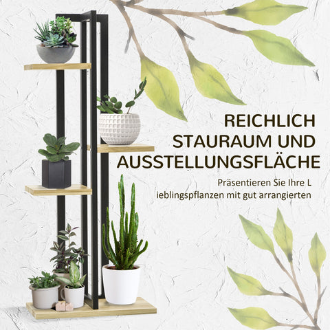 Rootz 4 Floor Plant Stand - Adjustable Flower Stand - Indoor Plant Stairs - Industrial Design - 110 cm High - Black+Natural Wood - 45L x 25B x 110H cm