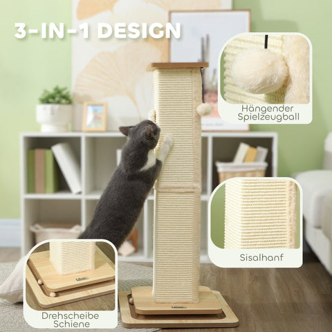 Rootz Cat Scratching Post - Playrail Cat Toy - Sisal Scratcher - MDF Base - 39.5cm x 39.5cm x 87cm