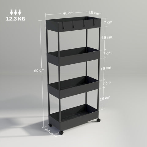Rootz Black Kitchen Cart - Niche Car - Mobile Trolley - Space-Saving Storage - 40cm x 19cm x 90cm with Hooks & Wheels