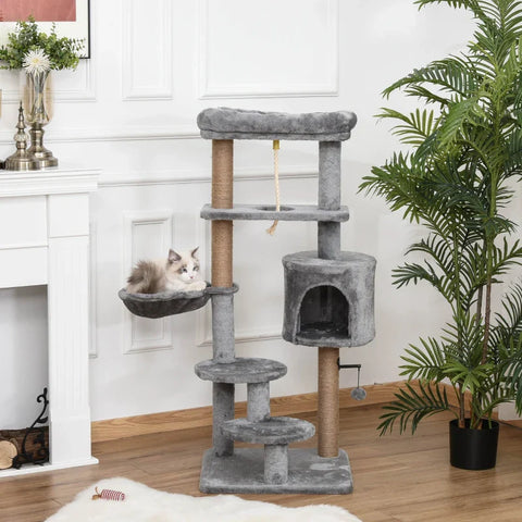 Rootz Scratching Post - Cat Tree - 1 Cat Cave - Cat Bed - 1 Hammock - Including Toys - Chipboard - Light Gray - 48cm x 48cm x 120cm