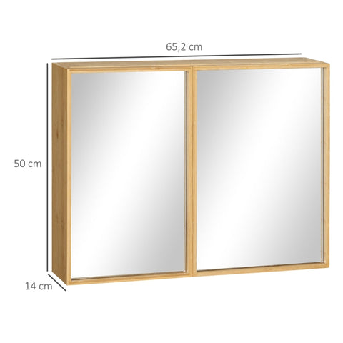 Rootz Kleankin Bathroom Cabinet with Mirror Doors - Storage Solution - Wall-Mounted Cabinet - Bamboo Housing - 65.2cm x 14cm x 50cm