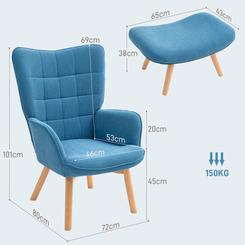 Rootz Accent Chair with Stool - Relaxation Chair - Armchair Set - Comfort with Wooden Legs - 72cm x 80cm x 101cm - Blue