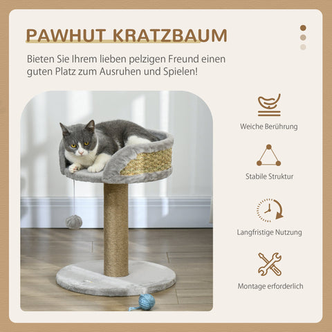 Rootz Scratching Tree Cat Bed - Cat Basket - Play Ball - Soft Plush Comfort - 40cm x 40cm x 49cm - Grey, Brown