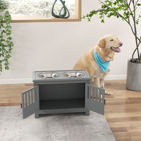 Rootz Grey Elevated Dog Bowl Station - Raised Pet Feeder - Large Dog Food Stand - Reduces Neck Strain - 60cm x 30cm x 43cm